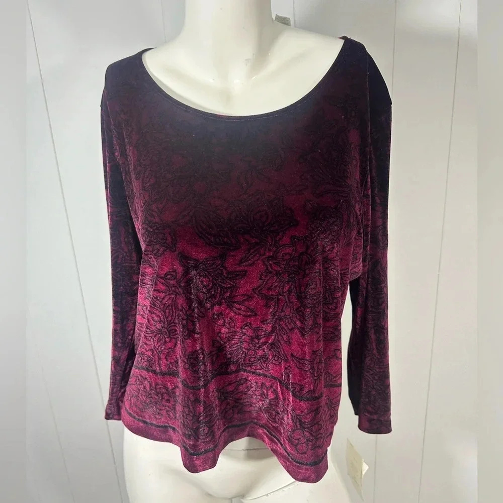 VTG Liz Claiborne Burgundy Floral Velvet 3/4 Sleeve Top Tunic Stretch Sz XL